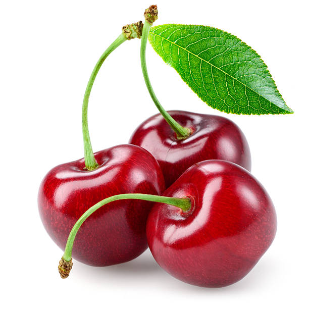 istock Closeup of vivid colored cherries with single leaf 468685742