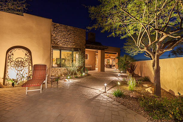 Landscape Lighting Evening shot of landscape lighting in a backyard of a custom home. landscape lighting stock pictures, royalty-free photos & images