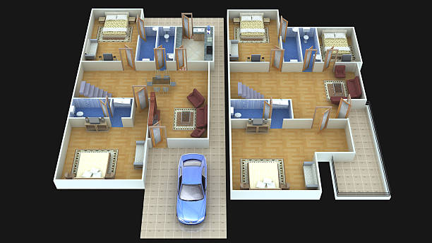 Interior plan52 for home ground floor and first floor- 3D 3D interior design for home (ground floor and first floor), with beautiful furnitures and flooring with black in background. the clinton foundation stock pictures, royalty-free photos & images