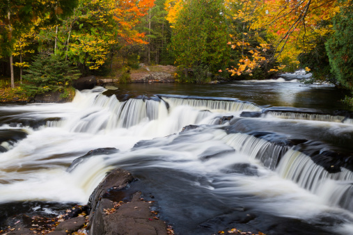 Whitewater flows over dark rock ledges with colorful fall foliage all around at Bond Falls in Michigan's western Upper Peninsula.