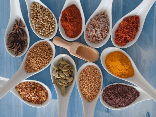 istock Variety spice and seeds in white ceramic spoons 468695466