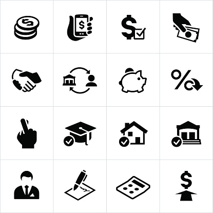 A set of icons symbolizing lending and loan concepts. The icons include money lending, a handshake or agreement, bank, loan, home, banker and money to name a few.