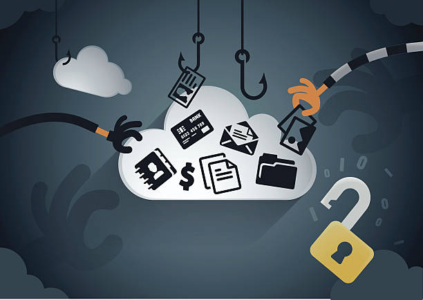 Cloud data theft Data thieves stealing personal and private data from an unsecure cloud. Download includes eps10 vector and high resolution jpeg files. cartoon photos stock illustrations
