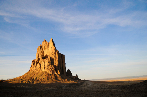 Rock formation in Shiprock, New Mexico at sunset