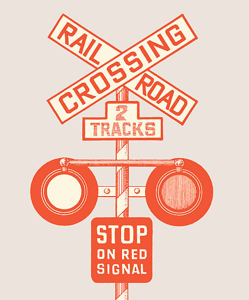 bahnübergang - railroad crossing train railroad track road sign stock-grafiken, -clipart, -cartoons und -symbole