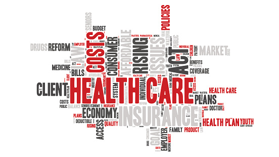 Word Cloud - Health Care Issues. wordclouds about healthcare, insurance, costs and plans Red, grey, white