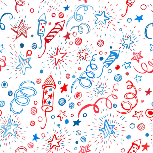 ilustrações, clipart, desenhos animados e ícones de dia da independência americana. mão desenhada padrão - image created 21st century blue colors old