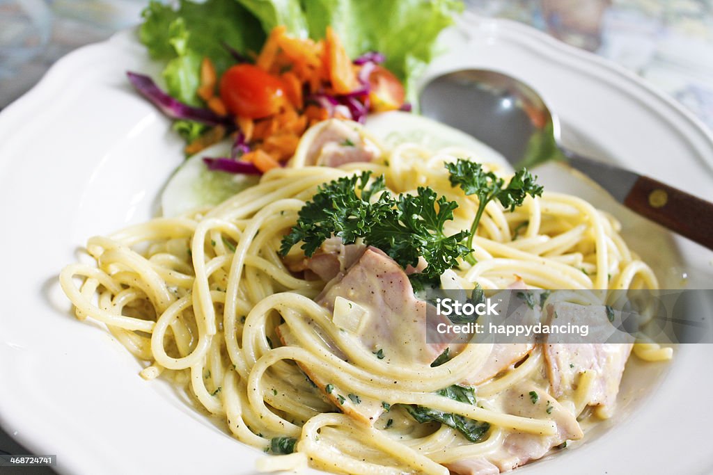 Pasta Carbonara Basil Stock Photo