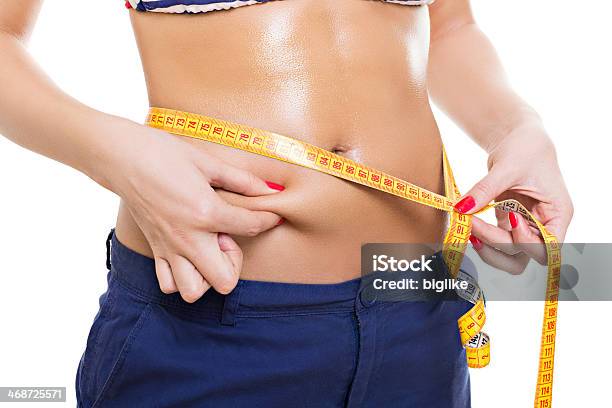 Fit Young Woman Pinching Fat On Her Belly Stock Photo - Download Image Now - 20-24 Years, 20-29 Years, Abdomen