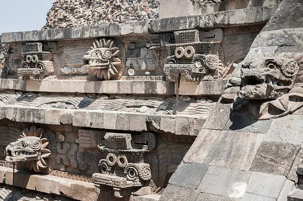 Statues of the temple of Quetzalcoatl, Teotihuacan (Mexico)