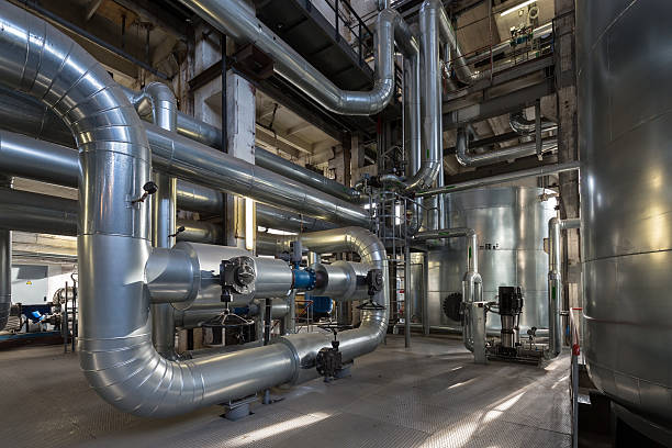 istock Large silver pipes and tanks inside an electric power plant 468731798