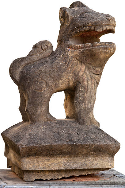 istock Ancient lion stone, chipping paint revealed rough cement texture 468732079