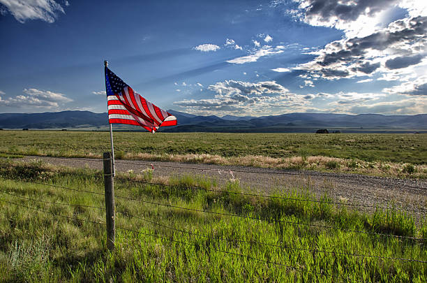 An American flag flown in the outside