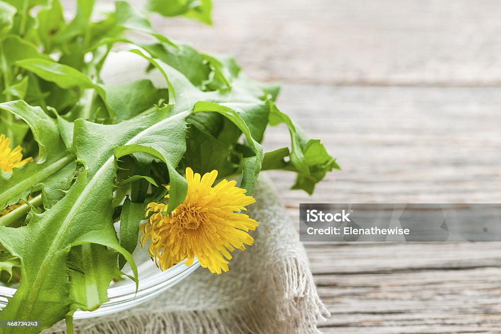 Dandelions greens and flowers Foraged edible dandelion flowers and greens in bowl on rustic wood background with copy space Bowl Stock Photo