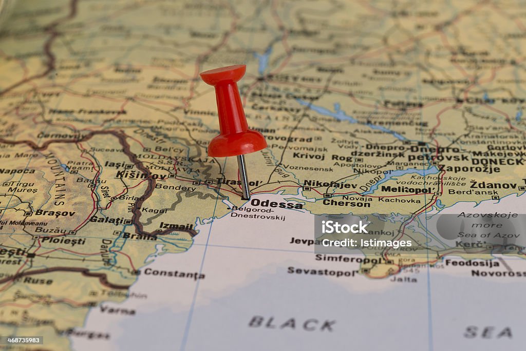 Odessa Marked With Red Pushpin on Map Odessa marked with red pushpin on map. Selected focus on Odessa and pushpin. Odessa - Ukraine Stock Photo