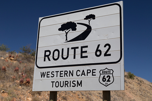 Route 62 road sign on the garden route in Little Karoo, South Africa.