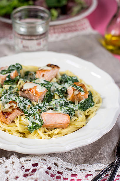 istock Pasta with salmon and creamy spinach sauce 468738140