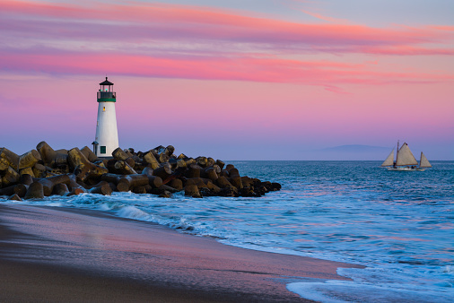 Santa Cruz Breakwater Lighthouse in Santa Cruz, California at sunset