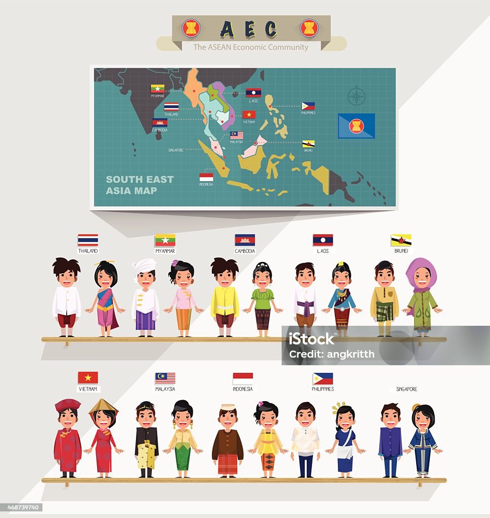 ASEAN boys and girls in traditional costume with map ASEAN boys and girls in traditional costume with flag. map of asean. south east asia - vector illustration Asian and Indian Ethnicities stock vector