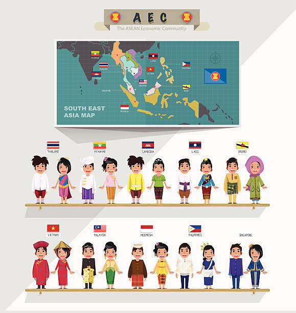 ASEAN boys and girls in traditional costume with map ASEAN boys and girls in traditional costume with flag. map of asean. south east asia - vector illustration alliance nebraska stock illustrations