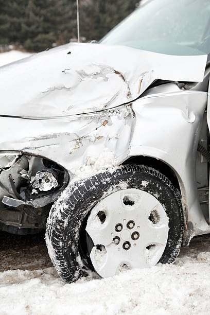 istock Winter Car Accident Vehicle with Damaged Front Quarter Panel 468739779