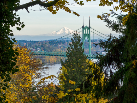 The St Johns Bridge spans the Willamette River in Portland, Or.  Shown is one of the Towers that support this steel suspension bridge. In the soft background is traffic and a snow capped Mt Hood.