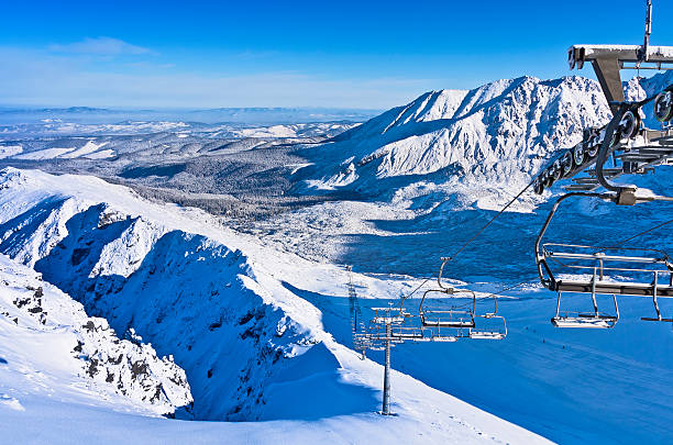 Winter scene with chairlift from Gasienicowa Valley to the Kasprowy Wierch, Tatra mountains, Poland