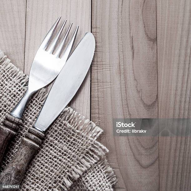 Vintage Silverware On Wooden Background Stock Photo - Download Image Now - Brown, Burlap, Copy Space