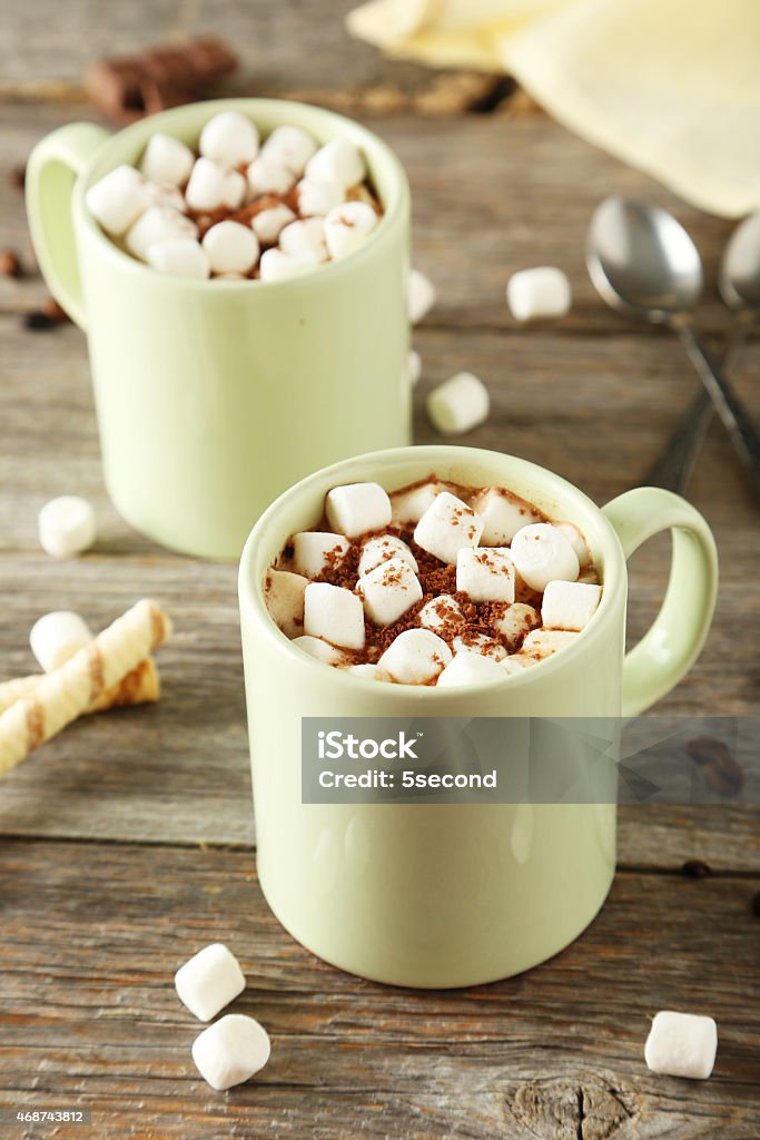 Cup of hot chocolate with marshmallows on grey wooden background 2015 Stock Photo