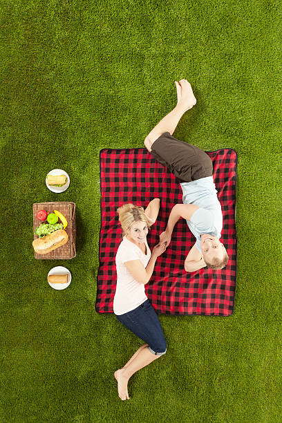 istock Happy couple lying on a picnic blanket looking up 468745098