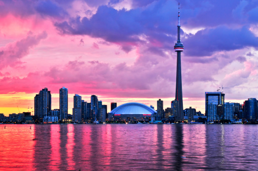 Scenic view at Toronto city waterfront skyline at sunset