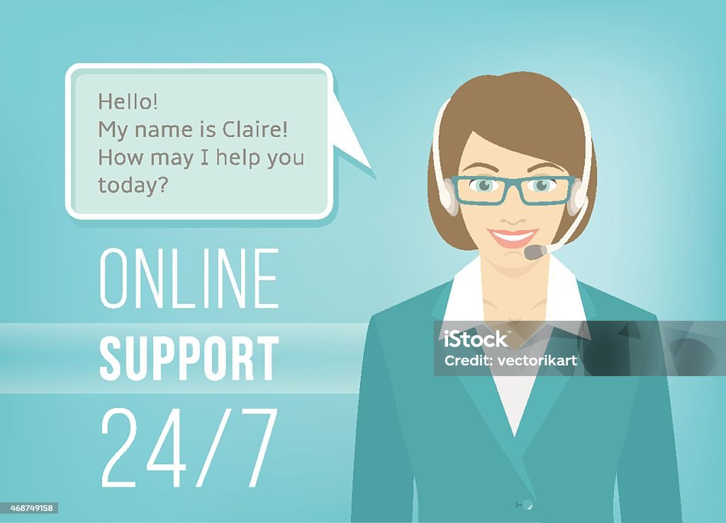 Call Centre Support Woman with Headphones Modern flat vector illustration of young pretty woman, employee of call center support and help service with headphones and speech bubble for chat with visitors of web site. Helpdesk online concept. 2015 stock vector