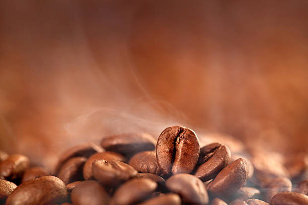 tostado de granos de café con humo - caffeine selective focus indoors studio shot fotografías e imágenes de stock