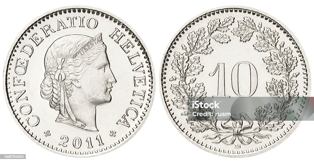 Moeda de Franco Suíço 10 centimes em fundo branco - Royalty-free Unidade Monetária Suíça Foto de stock