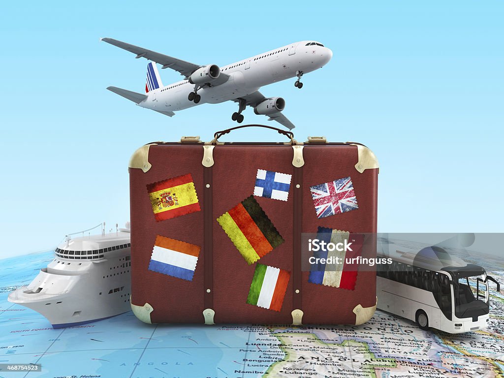 travel condept travel concept with bus, plane and suitcase Airplane Stock Photo