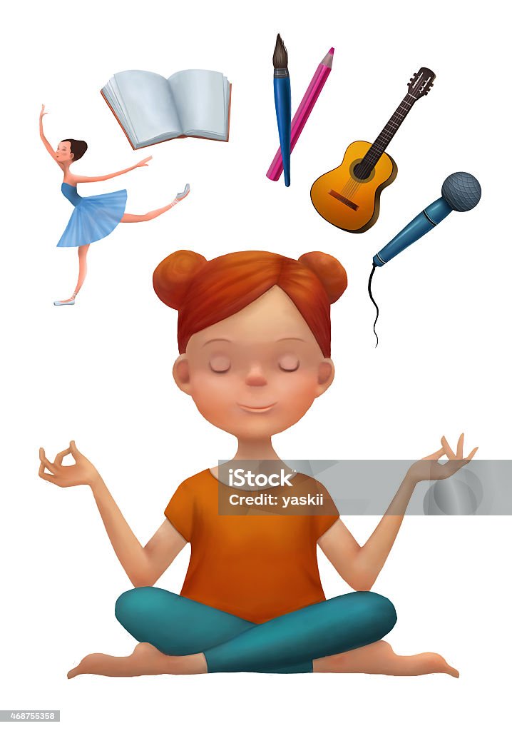 Arts activity choice. Meditation Young woman in yoga pose thinking about arts activities: ballet, reading, painting, music practice and singing. Choice concept. Cartoon character illustration isolated in white. 2015 stock illustration