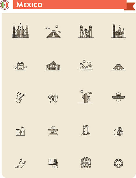 Mexico travel icon set Set of the Mexico traveling related icons olmec head stock illustrations