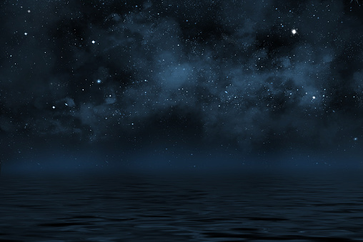 starry night sky illustration with stars and blue nebula, with reflection in water with waves