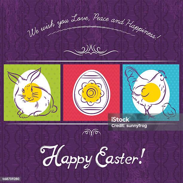 Easter Card Painted With Rabbit Egg And Hen Purple Background Stock Illustration - Download Image Now