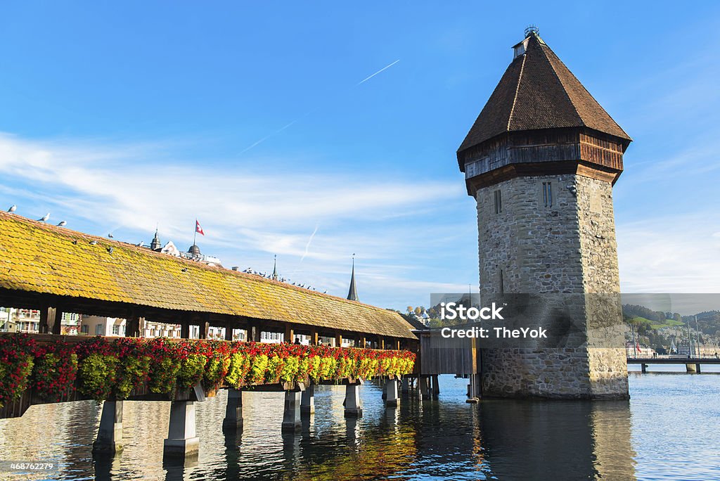 wooden Chapel bridge and old town of Lucerne, Switzerland Architecture Stock Photo