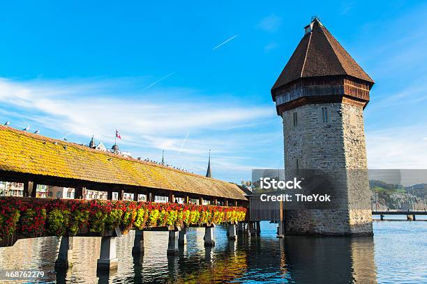 Wooden Chapel Bridge And Old Town Of Lucerne Switzerland Stock Photo - Download Image Now