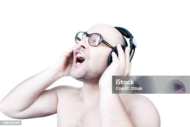 Funny Guy With Headphones Isolated On White Stock Photo - Download Image Now - 2015, Adult, Adults Only