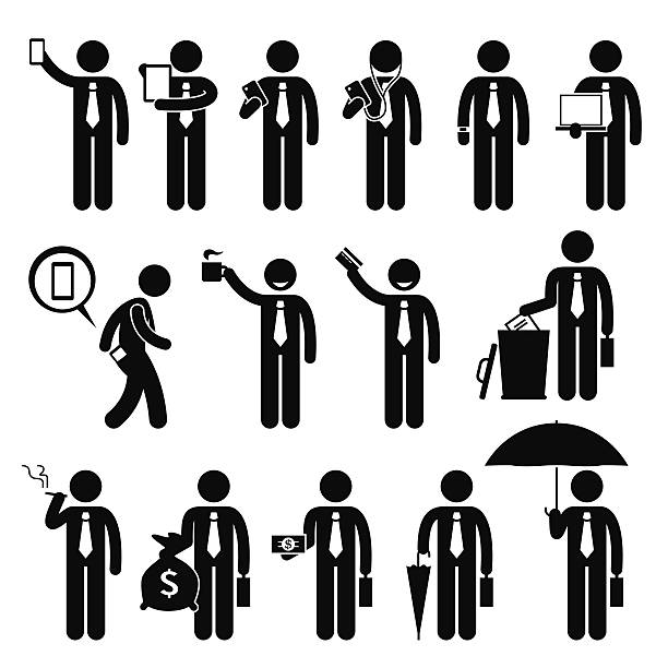 Business Man Businessman Holding Various Objects Pictogram A set of human pictogram representing a businessman with a phone, tablet, phone, earphone, smart watch, laptop, phone in the pocket, coffee, credit card, throwing rubbish, smoking, bag of money, cash, and umbrella. silhouette of the wifi icon stock illustrations
