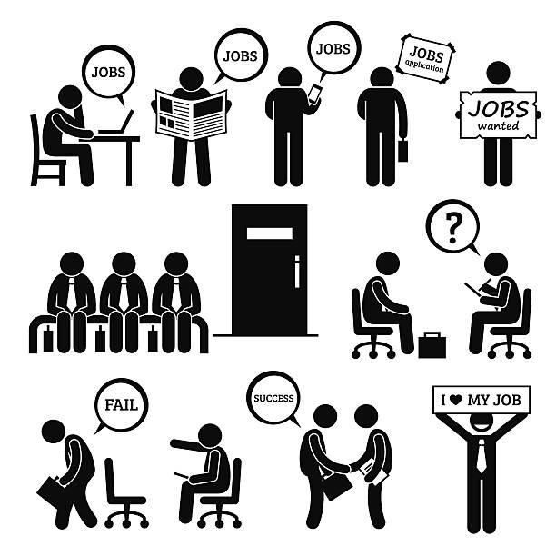 Man Looking for Job Employment and Interview A set of human pictogram representing people looking, searching, and finding jobs and attending interviews at the office. He is trying to get employment at business workplace. question mark people one person silhouette stock illustrations