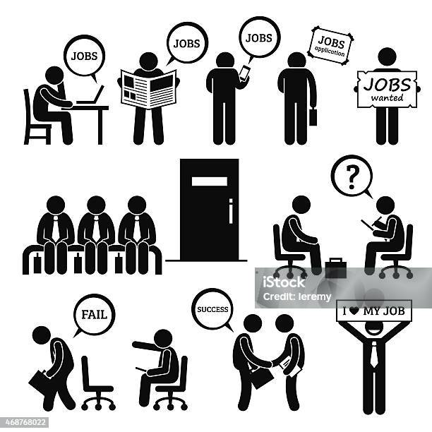 Man Looking For Job Employment And Interview Stock Illustration - Download Image Now - Interview - Event, Icon Symbol, Stick Figure