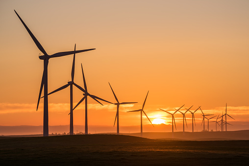 A row of very large wind turbines at sunrise. Rio Vista, California. USA