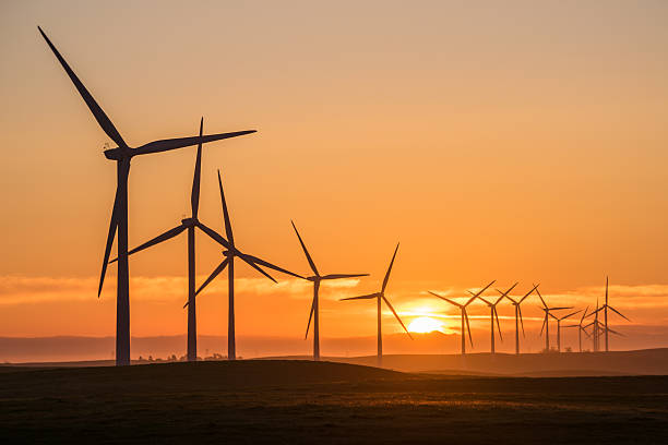 Grande turbinas eólicas ao nascer do sol da Califórnia - fotografia de stock