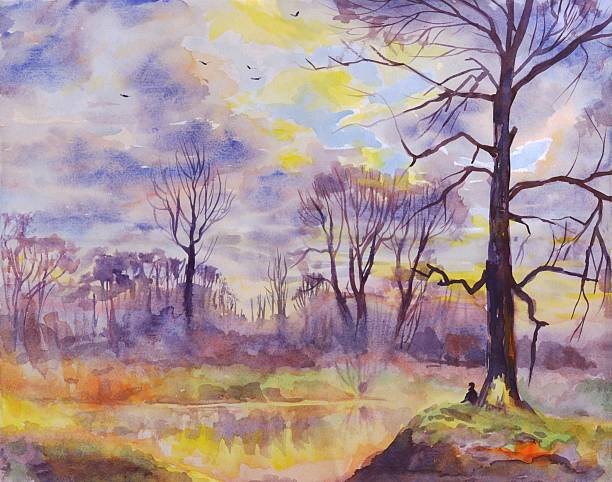 istock Landscape with trees by the river Painting Watercolor 468779636