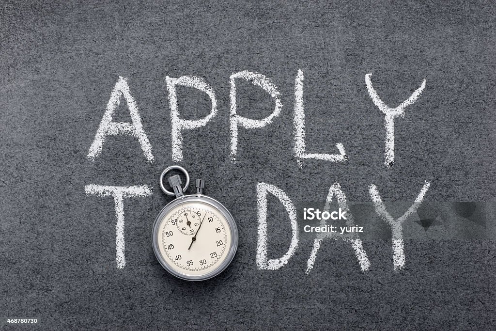 apply today apply today phrase handwritten on chalkboard with vintage precise stopwatch used instead of O  Today - Single Word Stock Photo