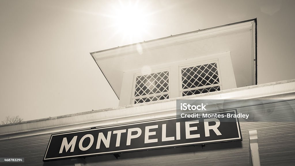 Montpelier Train Station Back lit detail of Montpelier Station, Orange County, Virginia. Ideal to illustrate a travel guide, a time travel experience to the first half of the both Century. Segregation Stock Photo